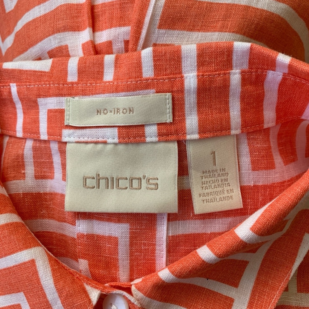 Chicos linen coral orange and white geometric design 3/4 sleeve tunic - Picture 15 of 16